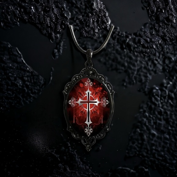 Gothic Vintage Style Vampire Cross Necklace Glass Pendant Rope Chain Choker Acce - Picture 8 of 14